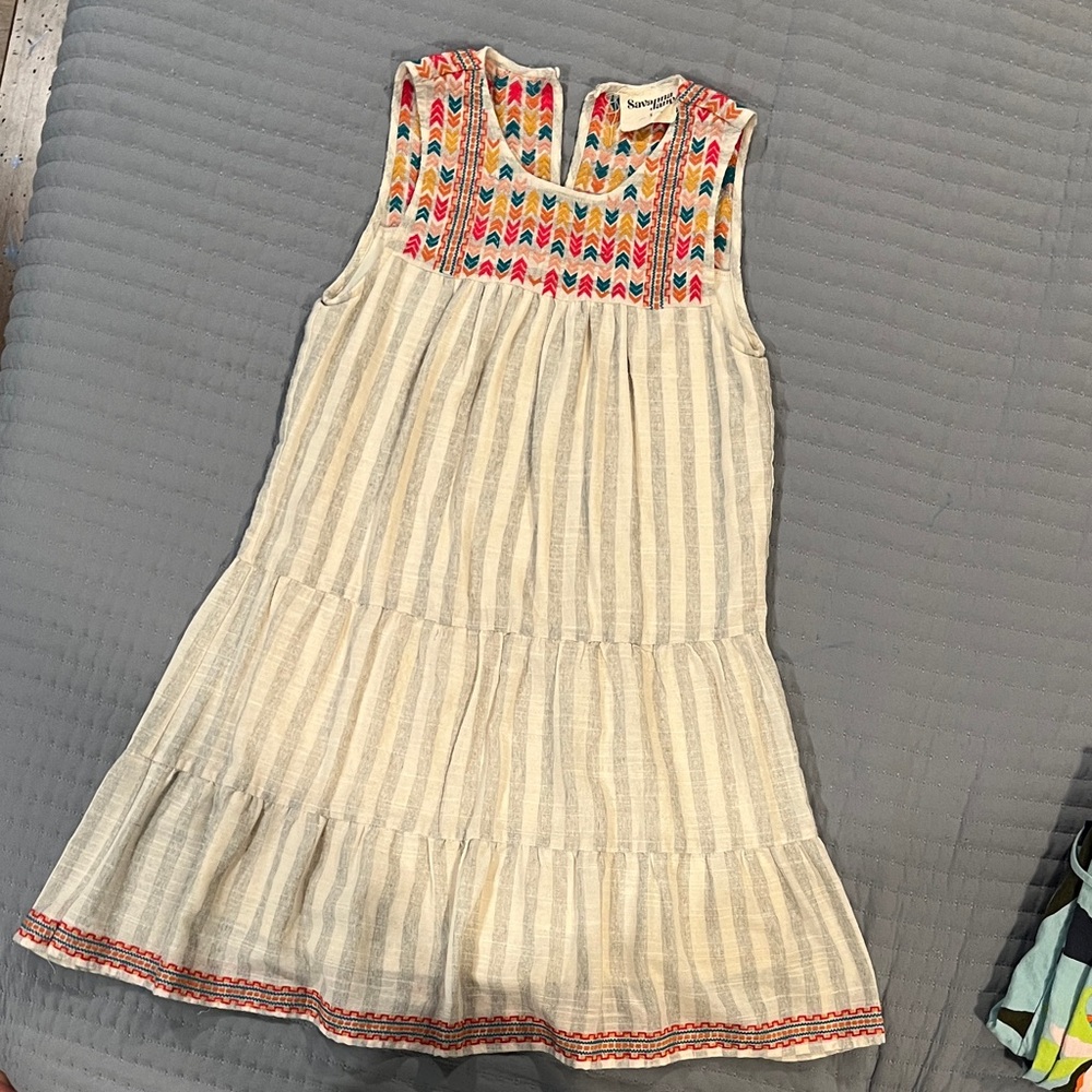 Savanna Jane Striped Kids Dress with Colorful Embroidery